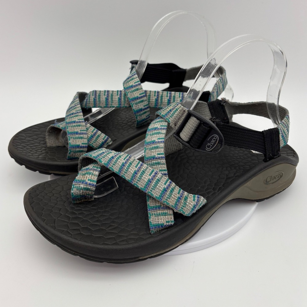 CHACO Sandal Shoe Womens Blue Striped Strappy Hiking Shoe Toe Loop Vibram 7